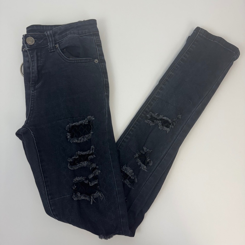 Killstar Mens Black Distressed Mesh Skinny Jeans Gothic‎ Occult O-Ring XS